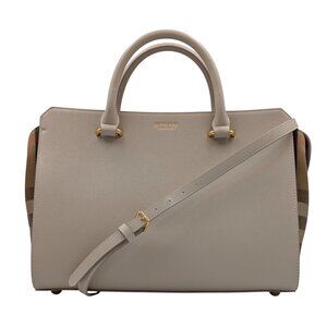 Burberry Banwell Mega Check Calfskin Small Tote Handbag Limestone 8104429